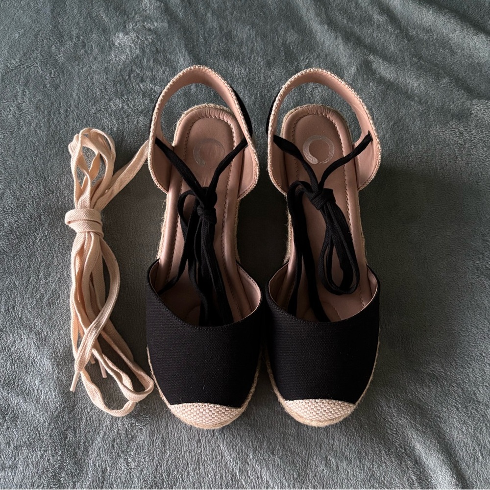 Journee Collection Black and Beige Espadrille Lace-up Wedges - Picture 2 of 12